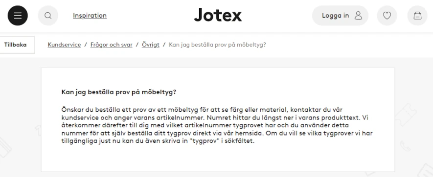 Kundservice svarar på fråga om tygprover på möbler från jotex
